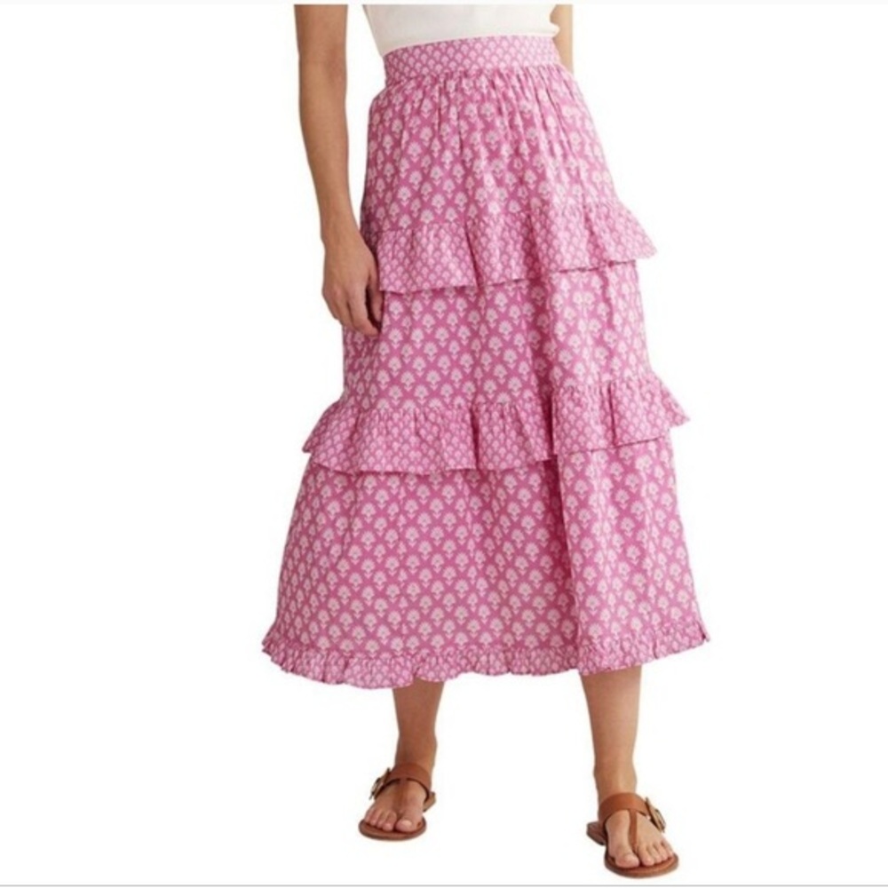 BODEN- pink Plum Blossom Daisy Pome tiered maxi skirt.
